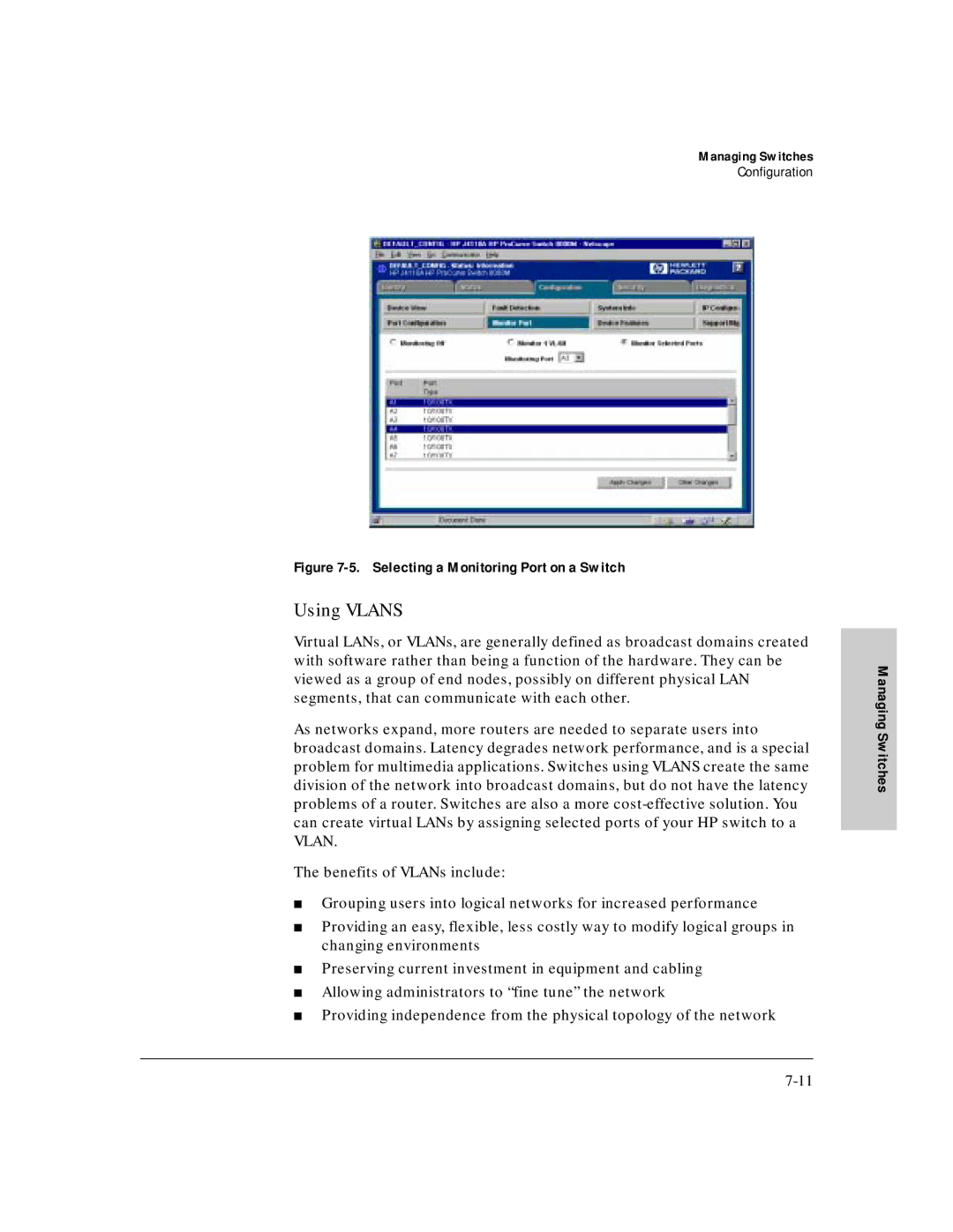 HP J3250M manual Using Vlans, Selecting a Monitoring Port on a Switch 