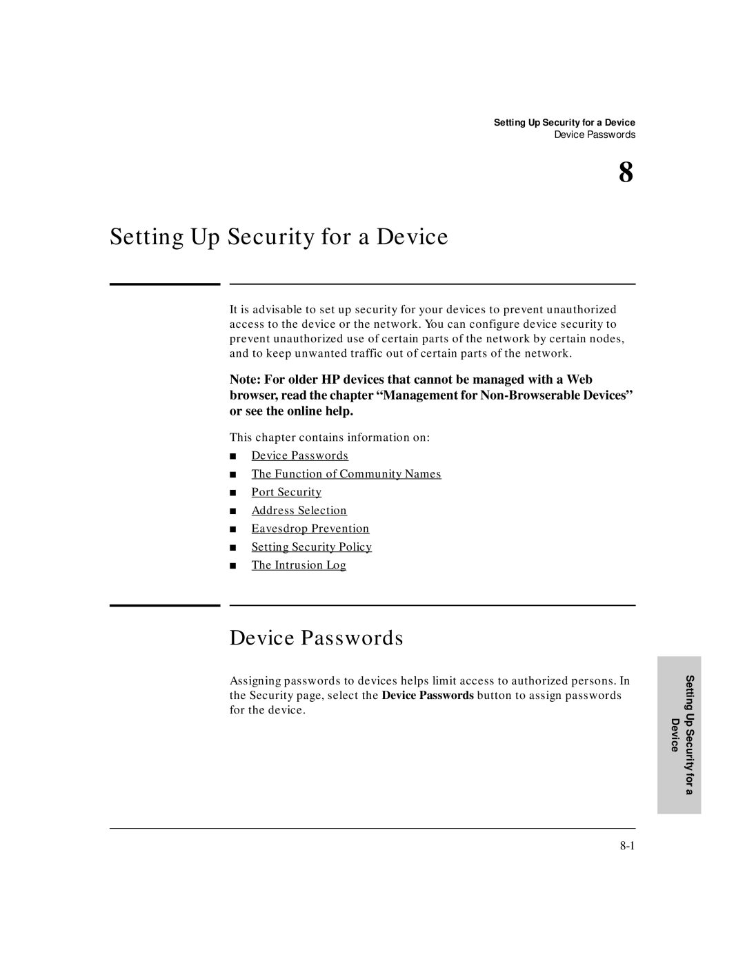 HP J3250M manual Setting Up Security for a Device, Device Passwords 