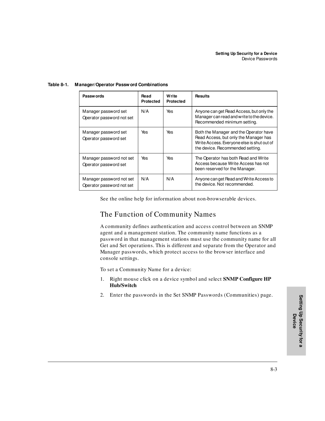 HP J3250M manual Function of Community Names, Manager/Operator Password Combinations, Setting Up Security Device 