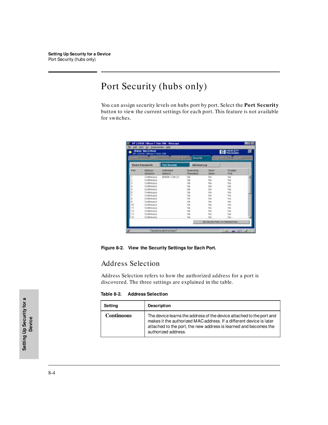 HP J3250M manual Port Security hubs only, Address Selection, Authorized address 