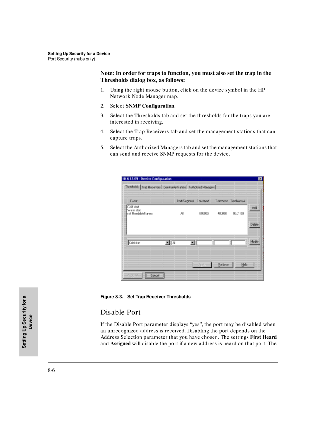 HP J3250M manual Disable Port, Set Trap Receiver Thresholds 