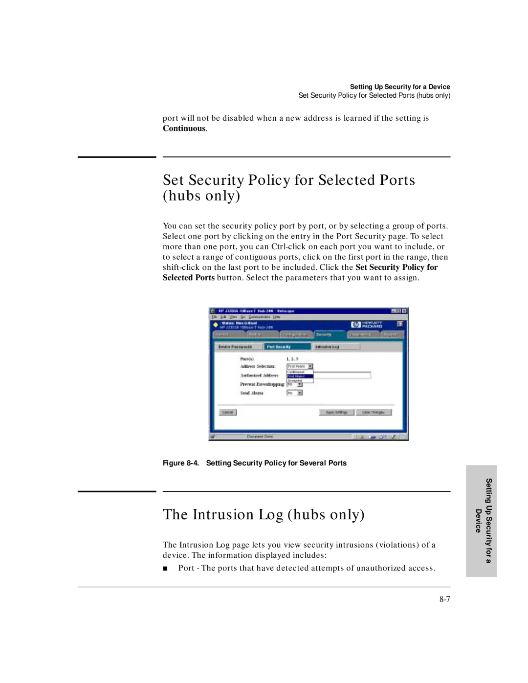 HP J3250M manual Set Security Policy for Selected Ports hubs only, Intrusion Log hubs only 