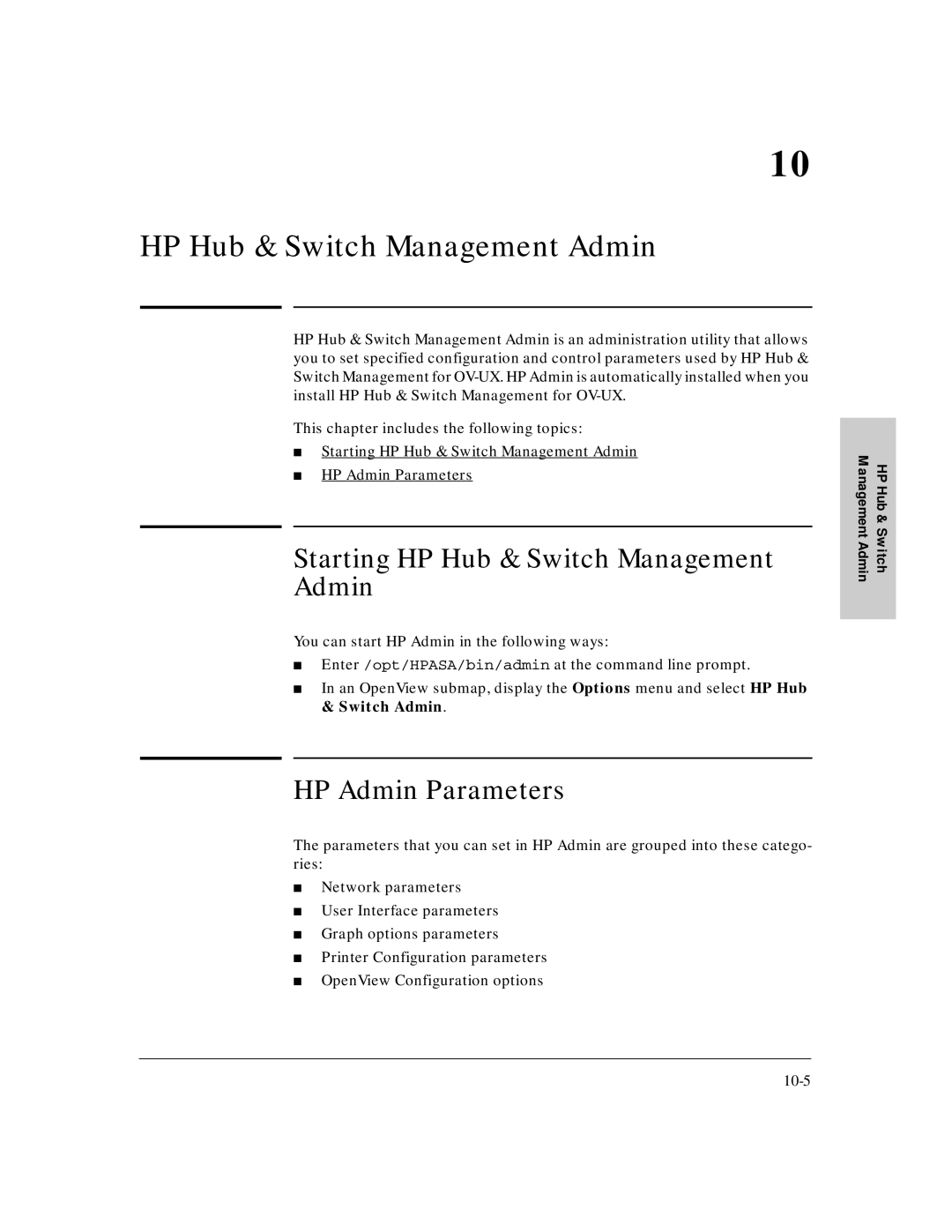 HP J3250M manual Starting HP Hub & Switch Management Admin, HP Admin Parameters 