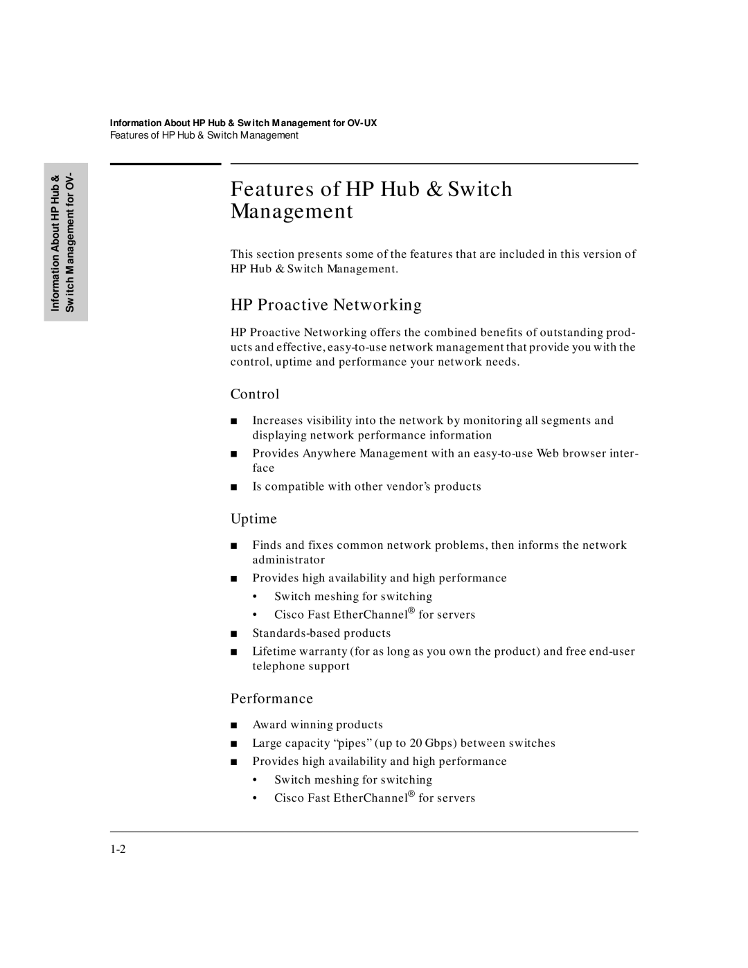 HP J3250M manual Features of HP Hub & Switch Management, HP Proactive Networking, Control, Uptime, Performance 