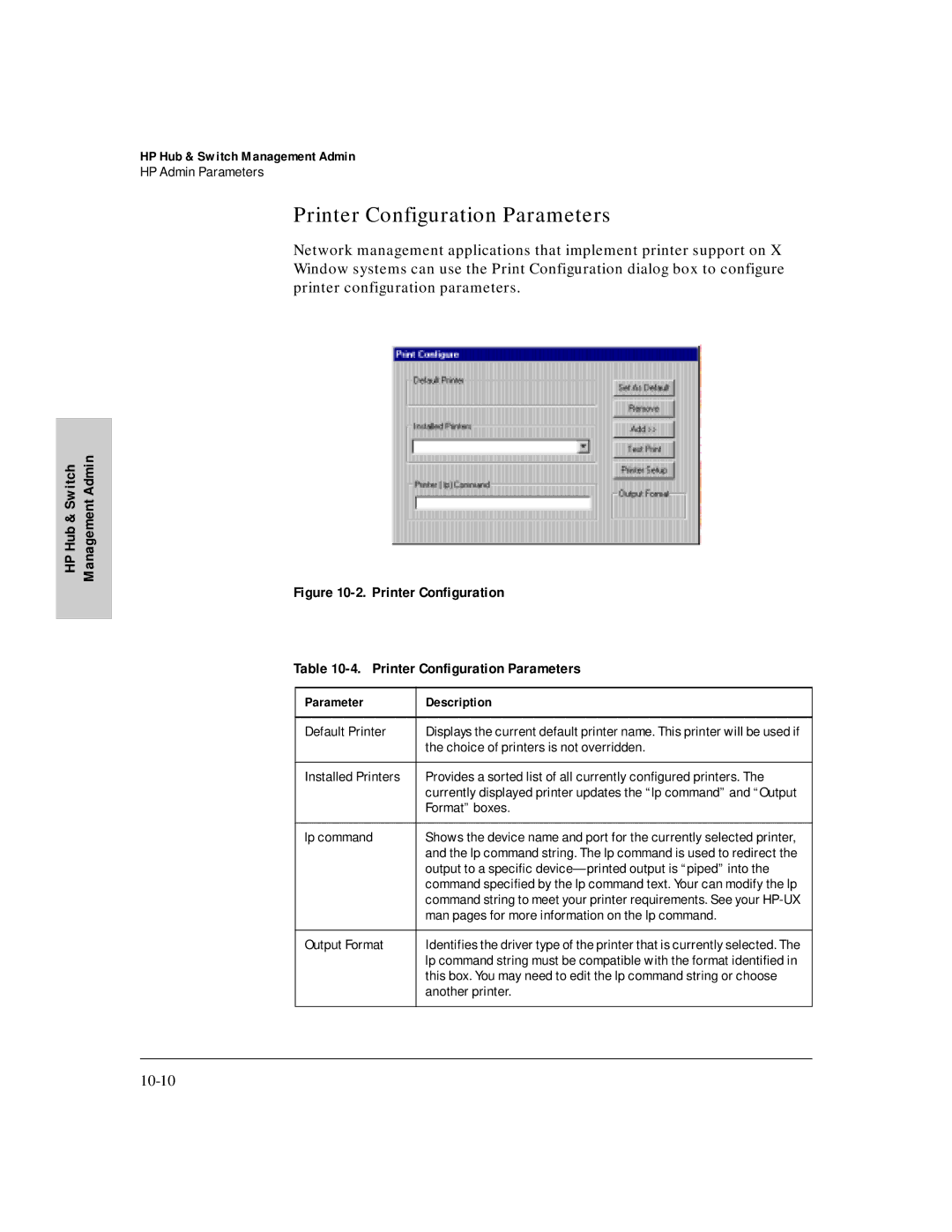 HP J3250M manual Printer Configuration Parameters, Management Admin HP Hub & Switch 