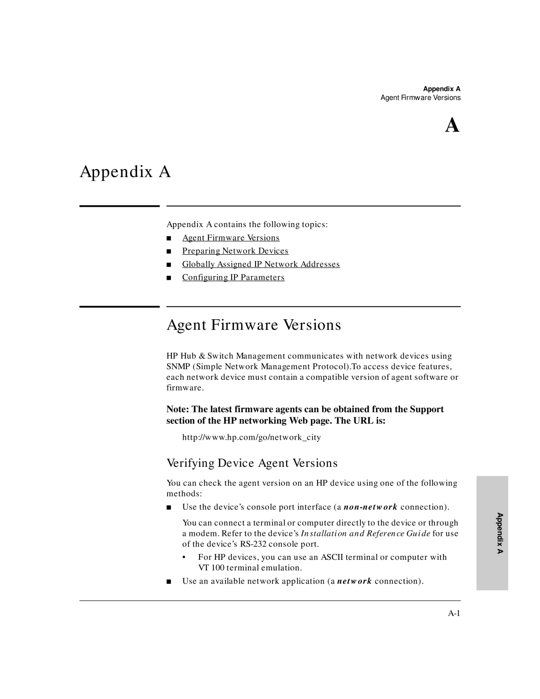 HP J3250M manual Appendix a, Agent Firmware Versions, Verifying Device Agent Versions, AAppendix 