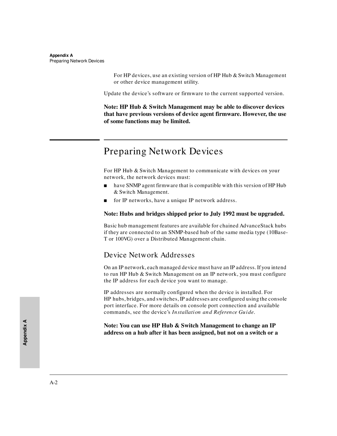 HP J3250M manual Preparing Network Devices, Device Network Addresses, Appendix a 