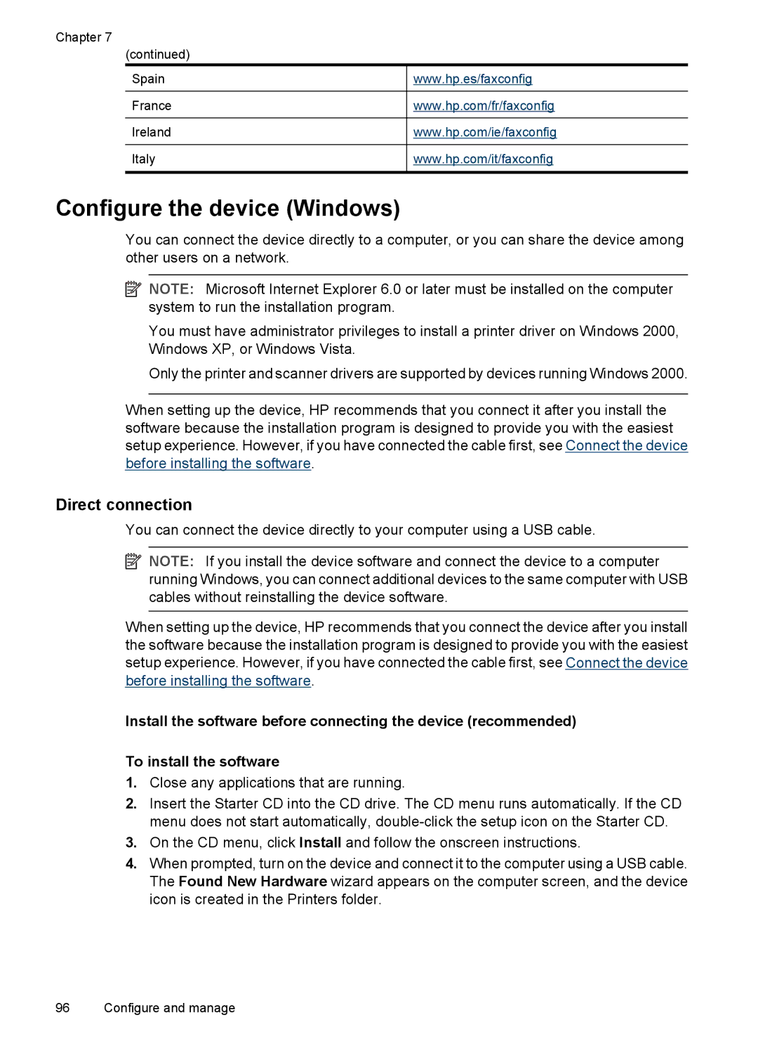 HP J3650, J3680 manual Configure the device Windows, Direct connection 