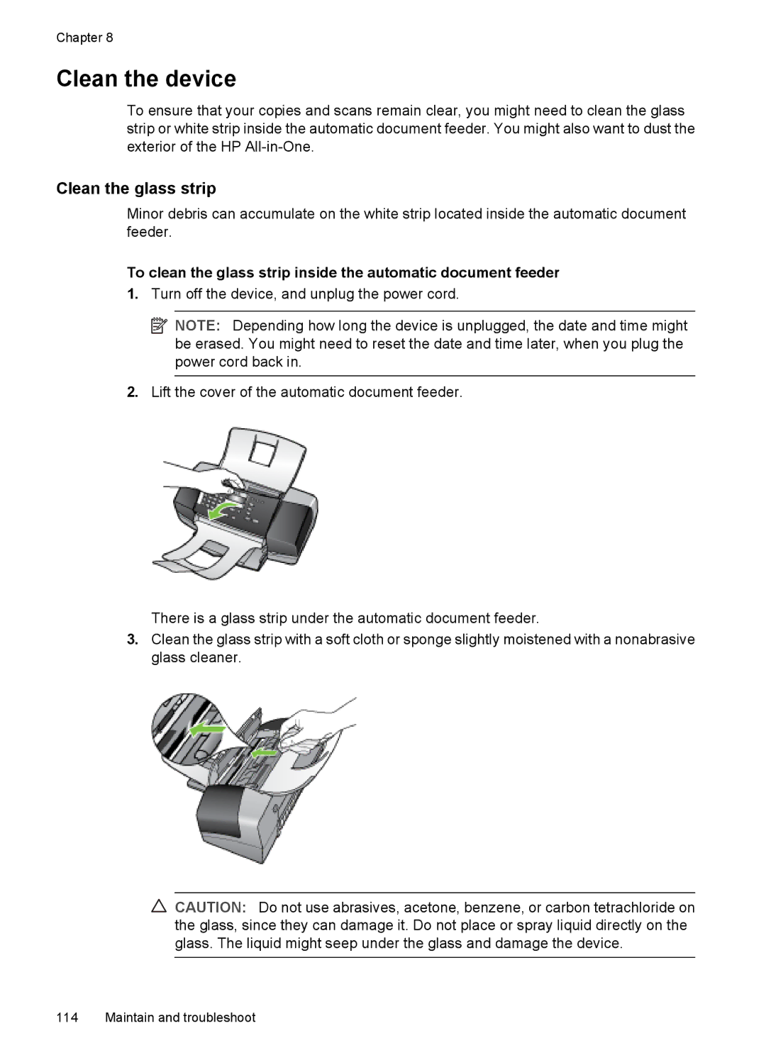 HP J3650, J3680 manual Clean the device, Clean the glass strip 