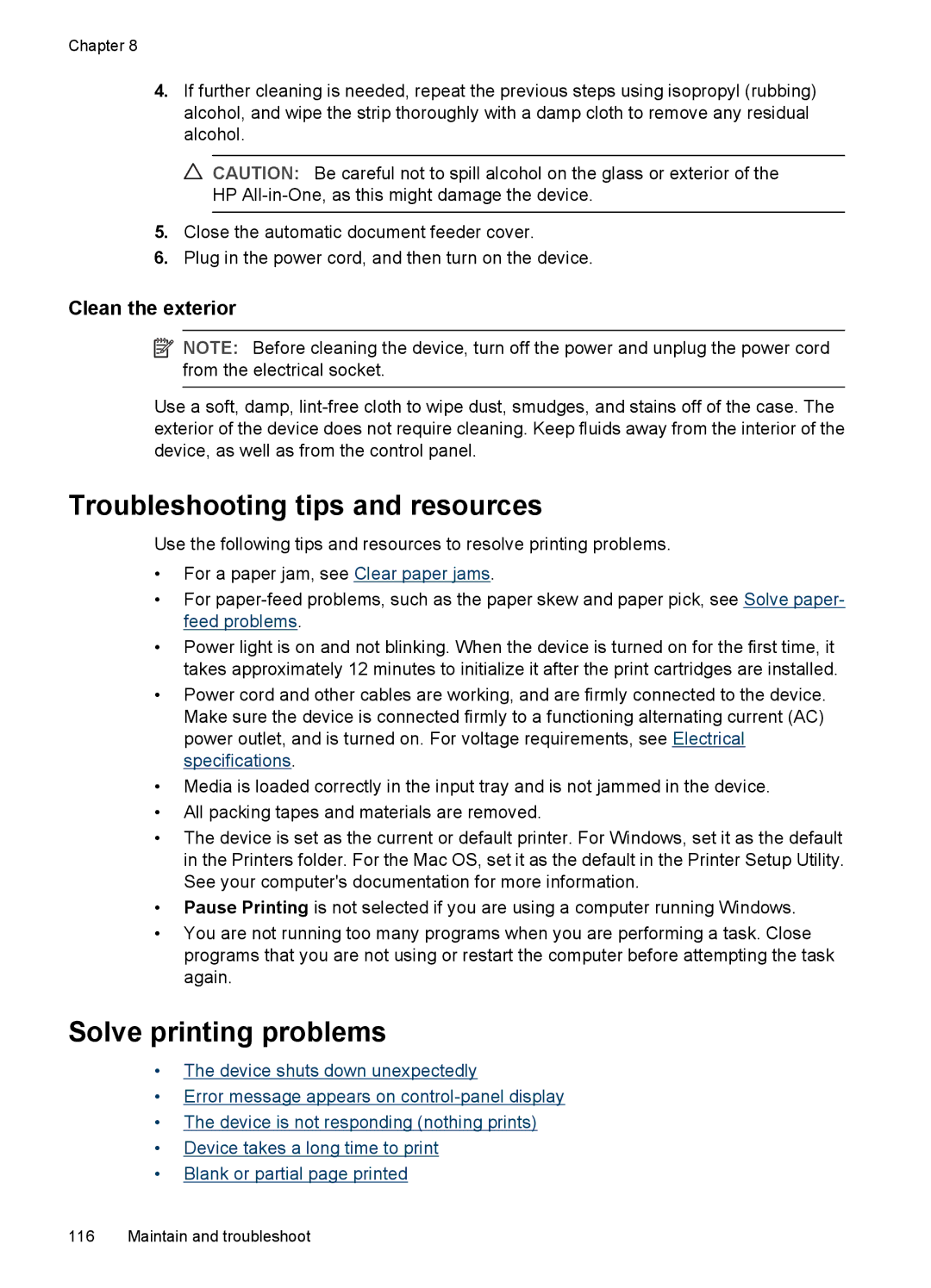 HP J3650, J3680 manual Troubleshooting tips and resources, Solve printing problems, Clean the exterior 