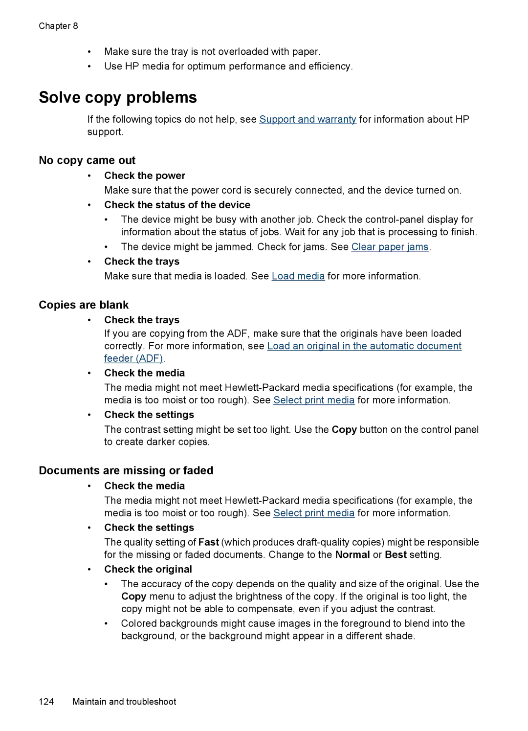 HP J3650, J3680 manual Solve copy problems, No copy came out, Copies are blank, Documents are missing or faded 