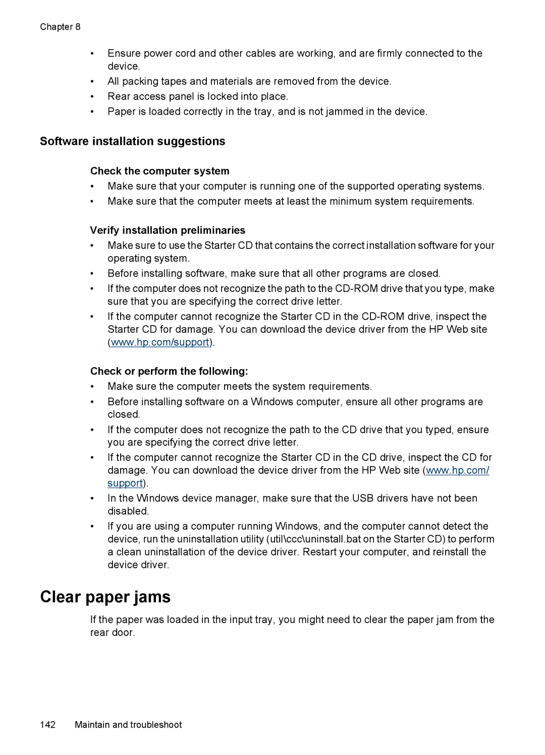 HP J3650 Clear paper jams, Software installation suggestions, Check the computer system, Verify installation preliminaries 