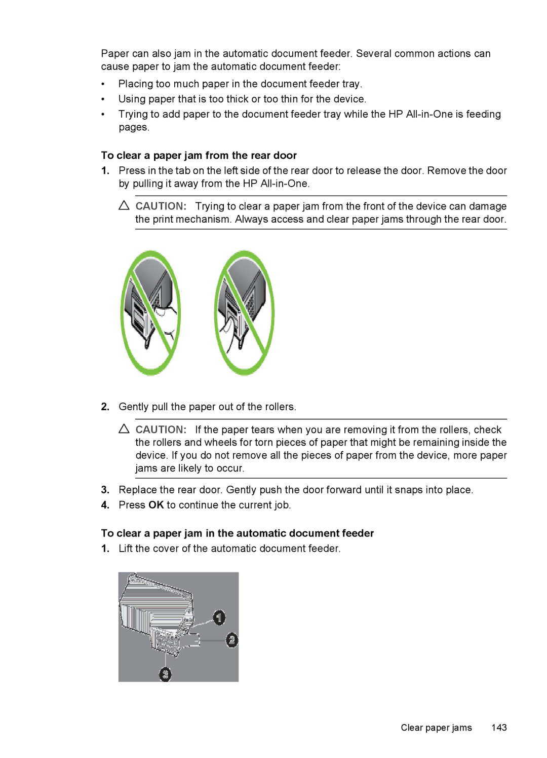 HP J3680, J3650 manual To clear a paper jam from the rear door, To clear a paper jam in the automatic document feeder 