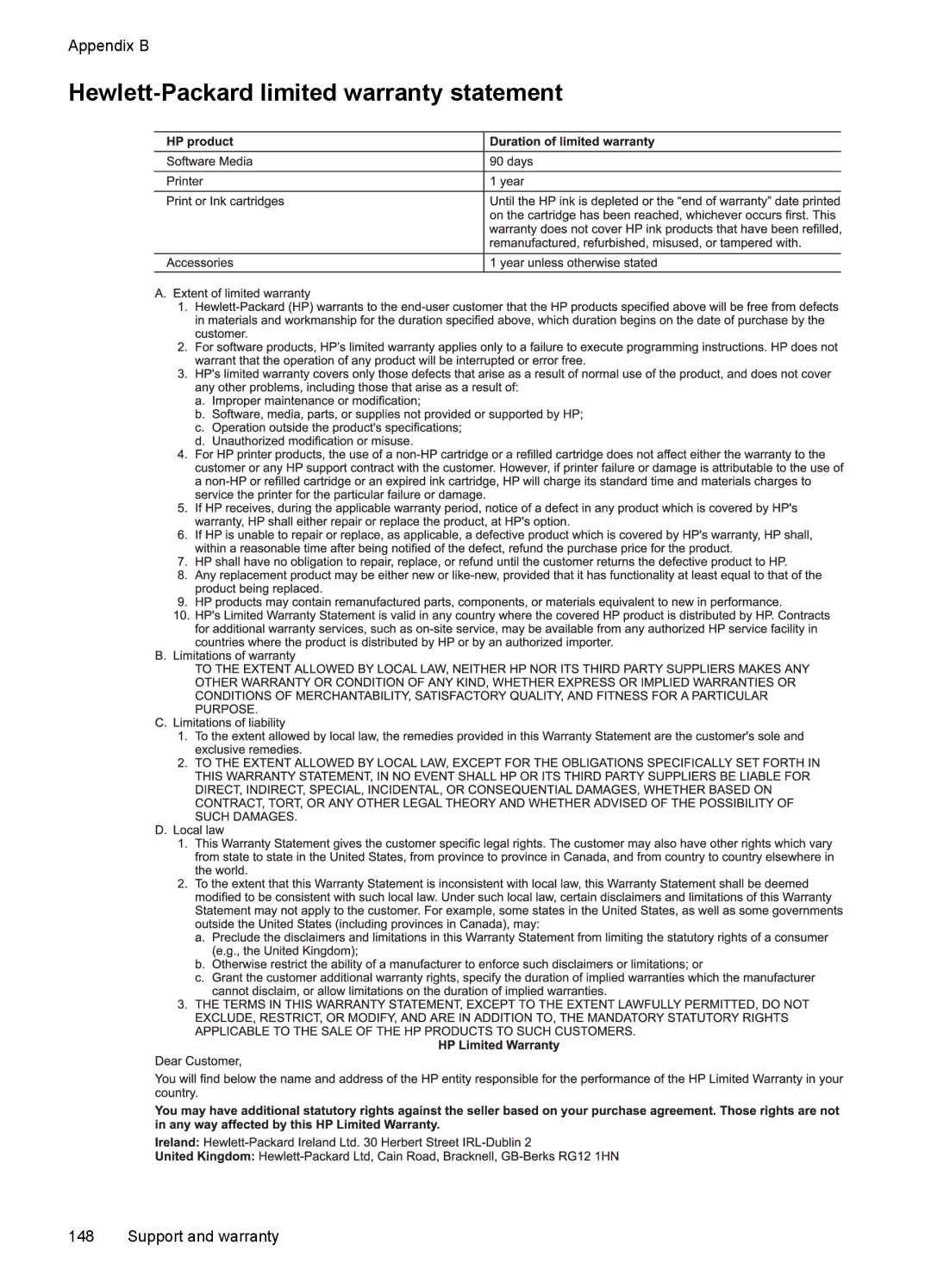 HP J3650, J3680 manual Hewlett-Packard limited warranty statement 