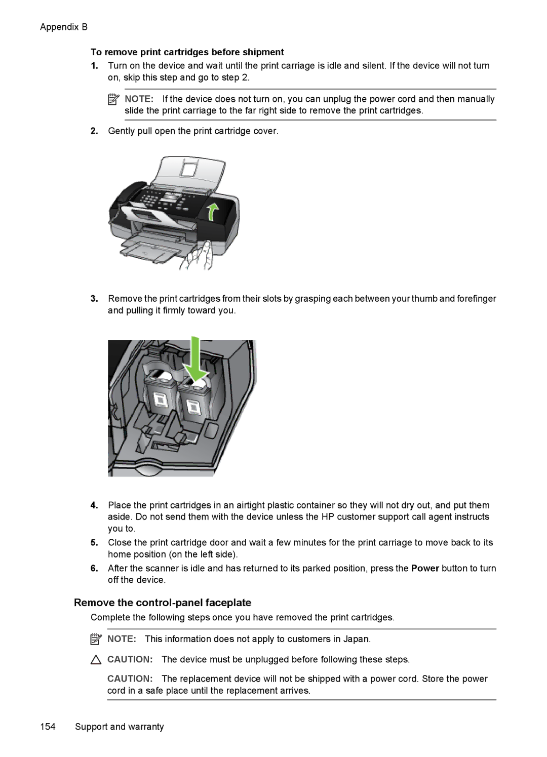 HP J3650, J3680 manual Remove the control-panel faceplate, To remove print cartridges before shipment 