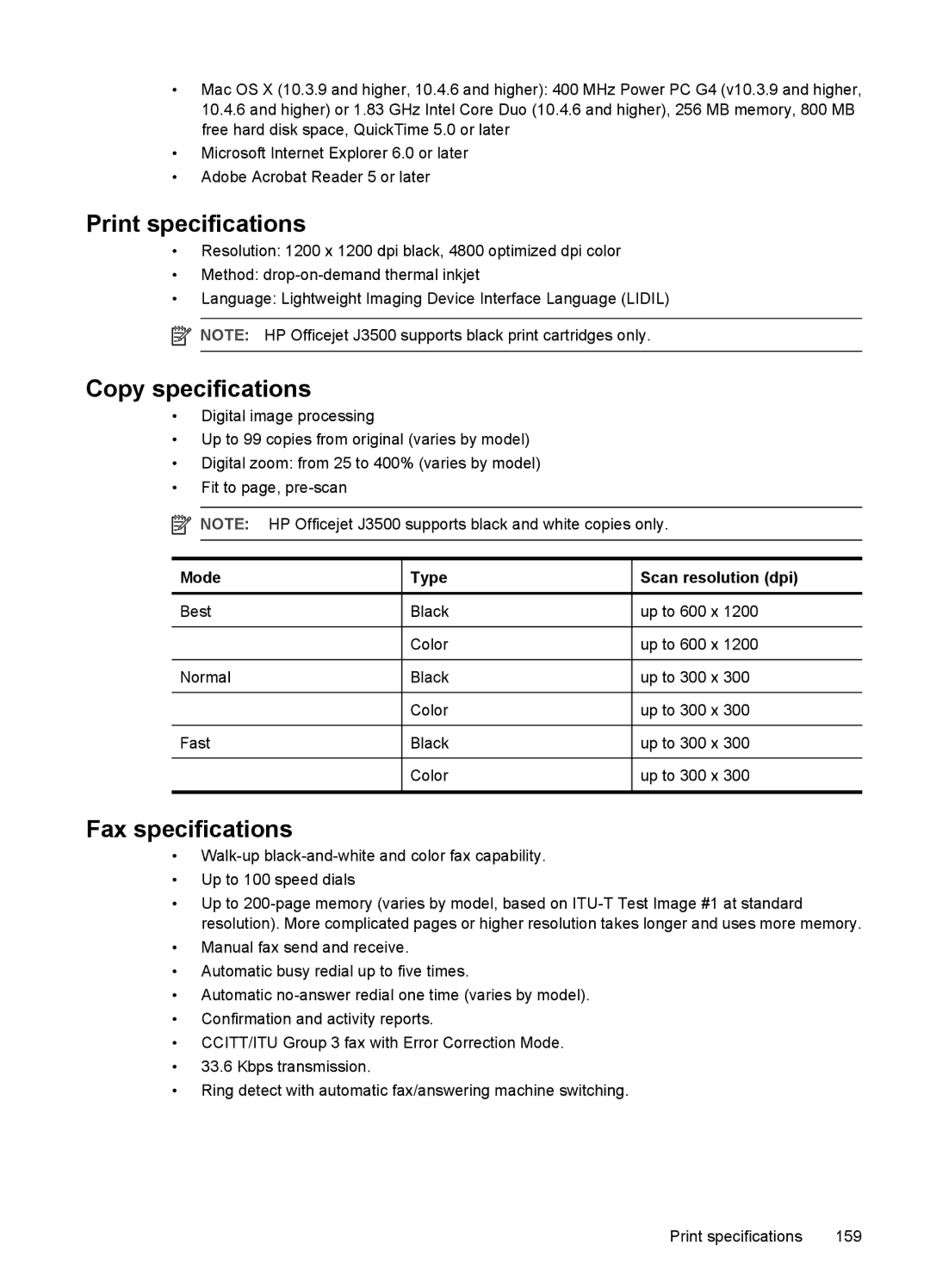 HP J3680, J3650 manual Print specifications, Copy specifications, Fax specifications, Mode Type Scan resolution dpi 