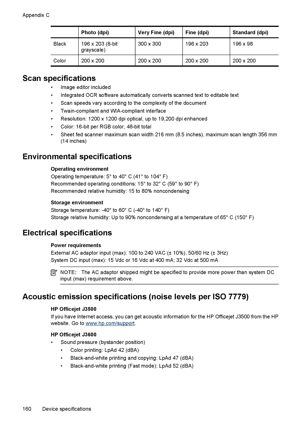 HP J3650, J3680 manual Scan specifications, Environmental specifications, Electrical specifications 