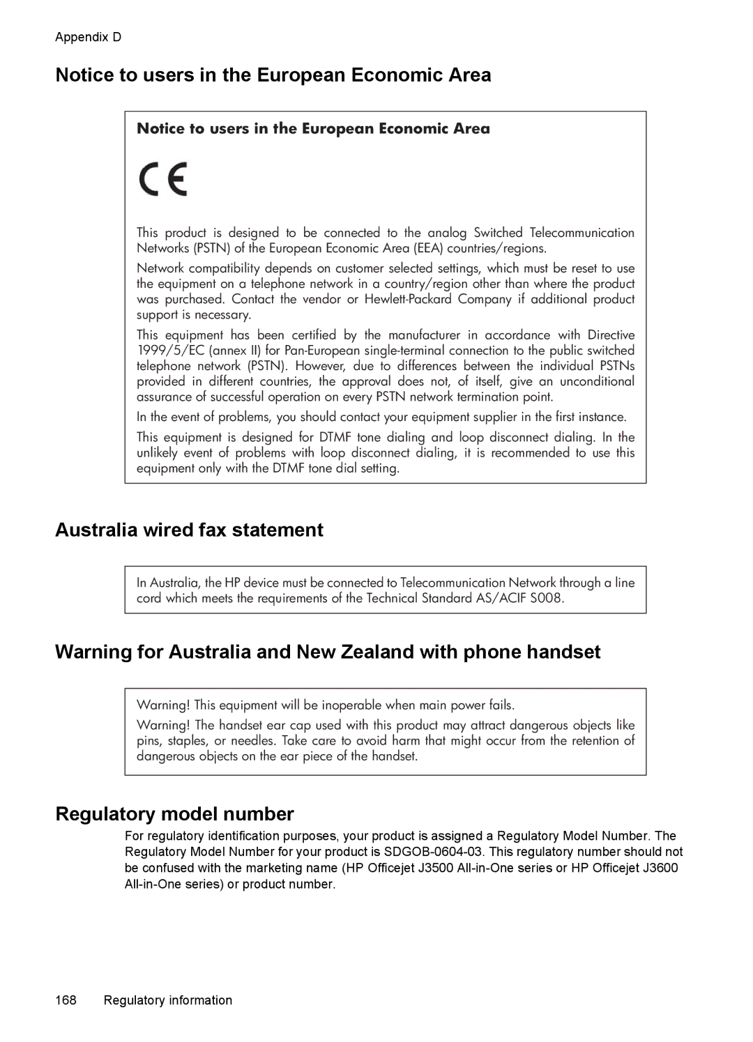 HP J3650, J3680 manual Australia wired fax statement, Regulatory model number 