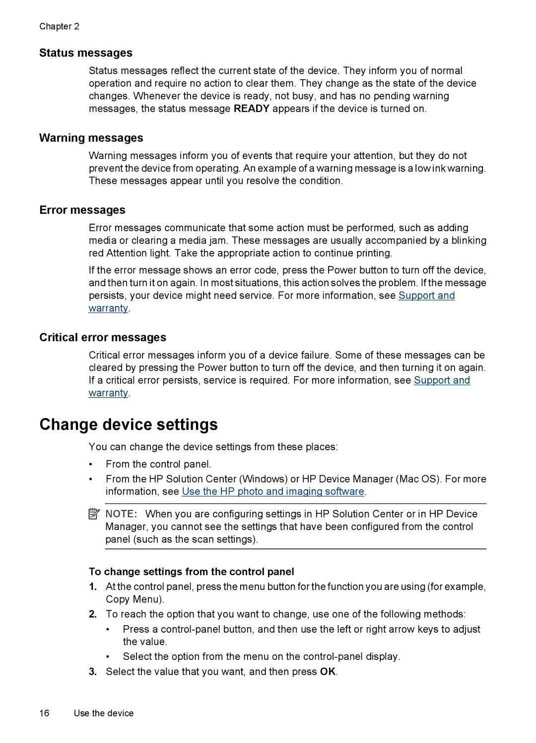 HP J3650, J3680 manual Change device settings, Status messages, Error messages, Critical error messages 