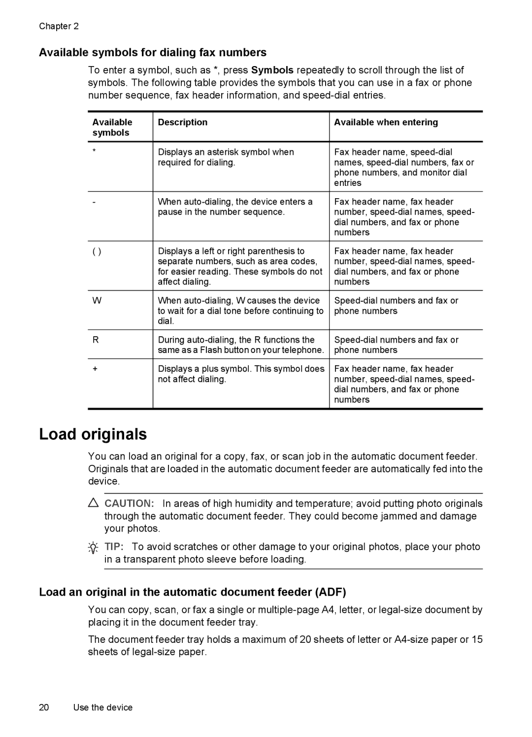 HP J3650 Load originals, Available symbols for dialing fax numbers, Load an original in the automatic document feeder ADF 