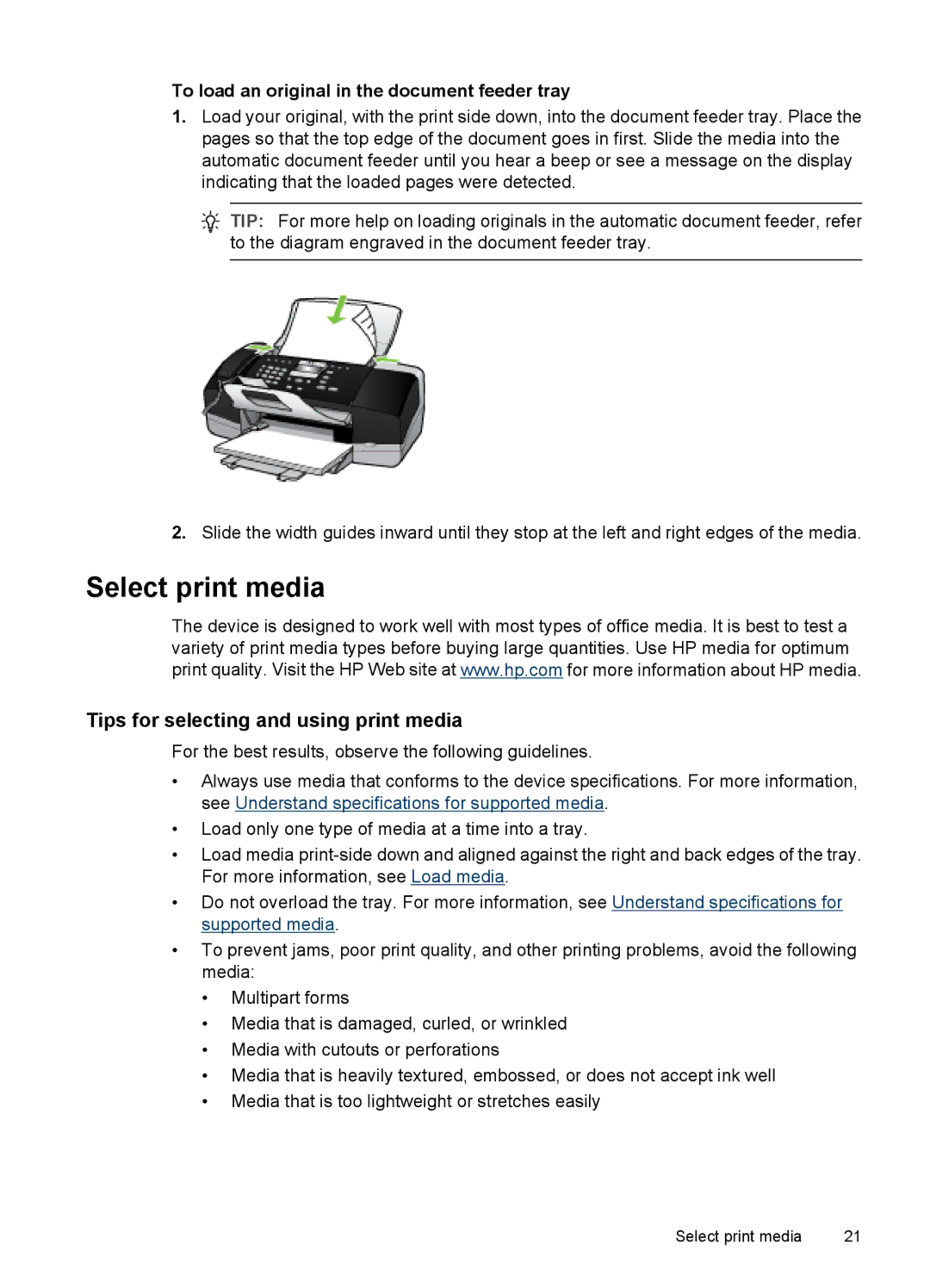 HP J3680 Select print media, Tips for selecting and using print media, To load an original in the document feeder tray 