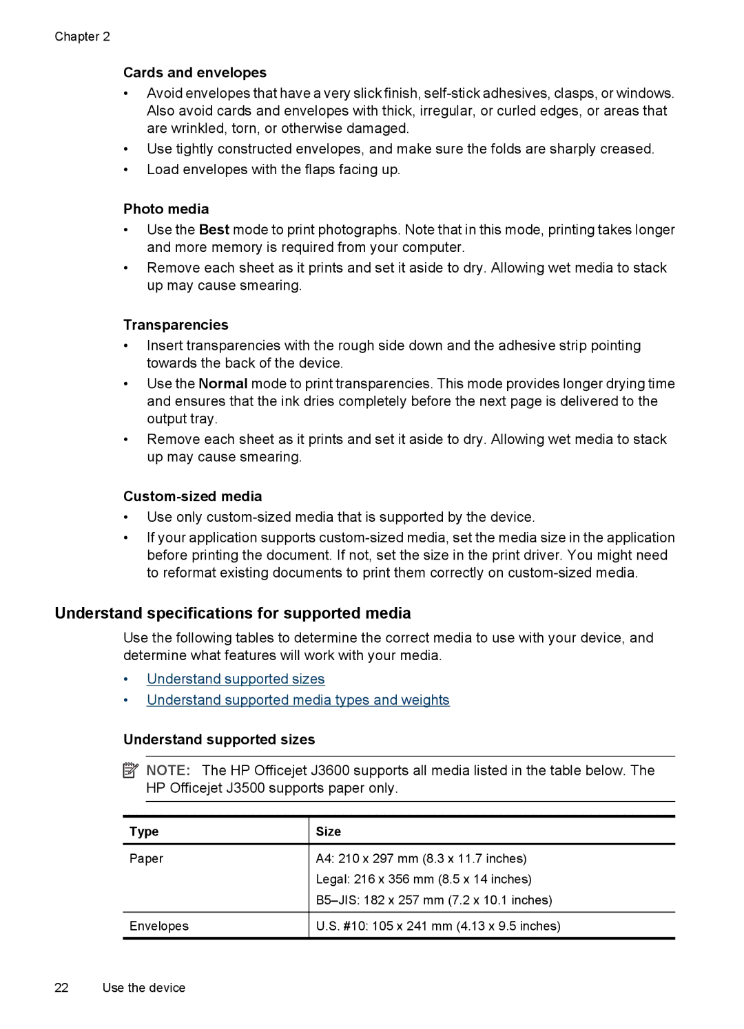 HP J3650, J3680 manual Understand specifications for supported media 