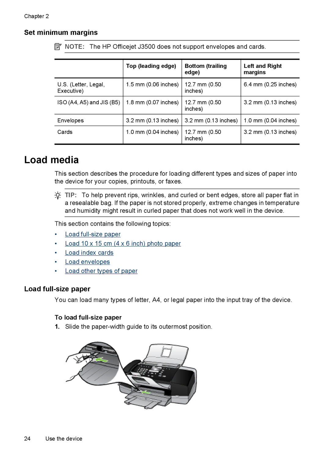 HP J3650, J3680 manual Load media, Set minimum margins, Load full-size paper, To load full-size paper 