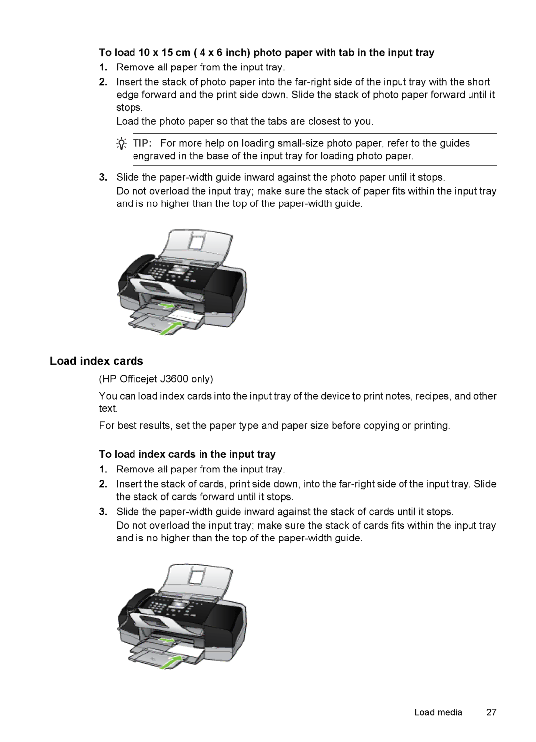 HP J3680, J3650 manual Load index cards, To load index cards in the input tray 