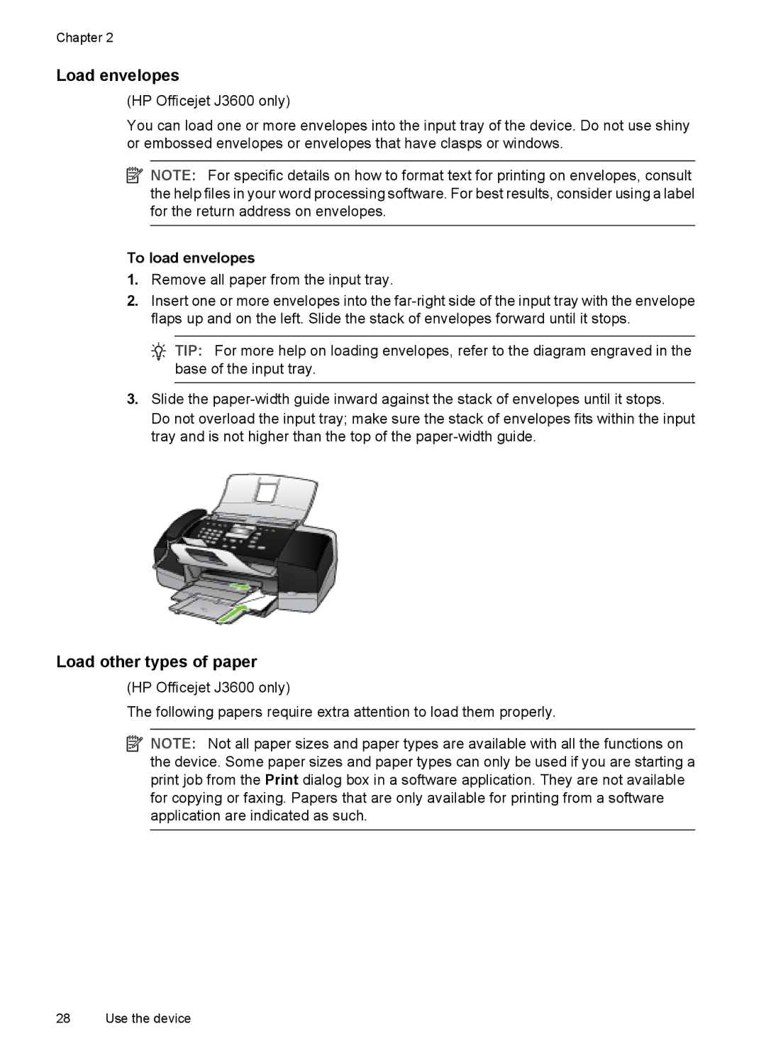 HP J3650, J3680 manual Load envelopes, Load other types of paper, To load envelopes 