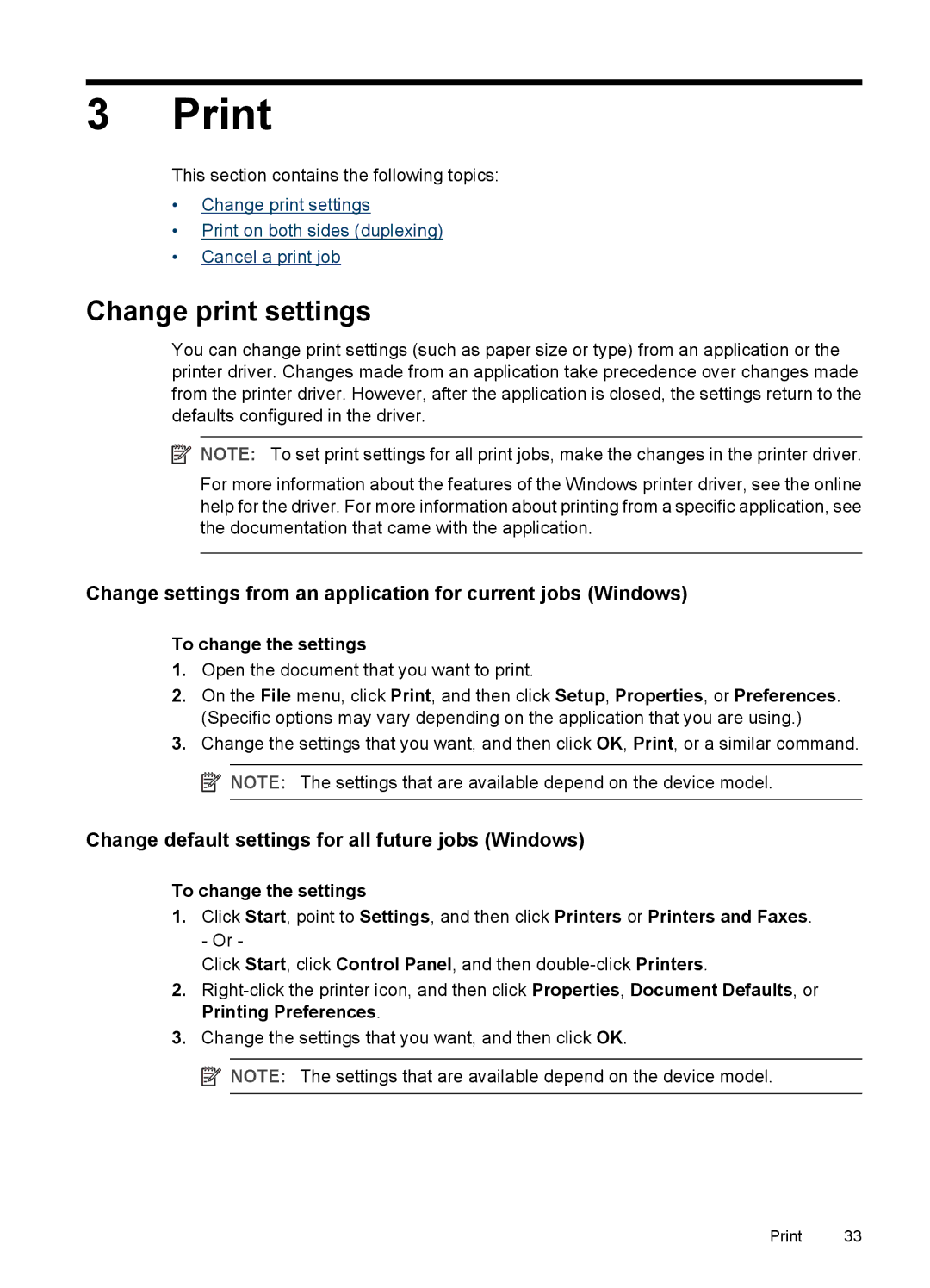 HP J3680, J3650 Print, Change print settings, Change default settings for all future jobs Windows, To change the settings 