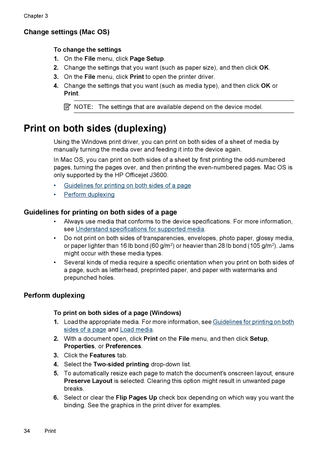 HP J3650, J3680 manual Print on both sides duplexing, Change settings Mac OS, Guidelines for printing on both sides of a 