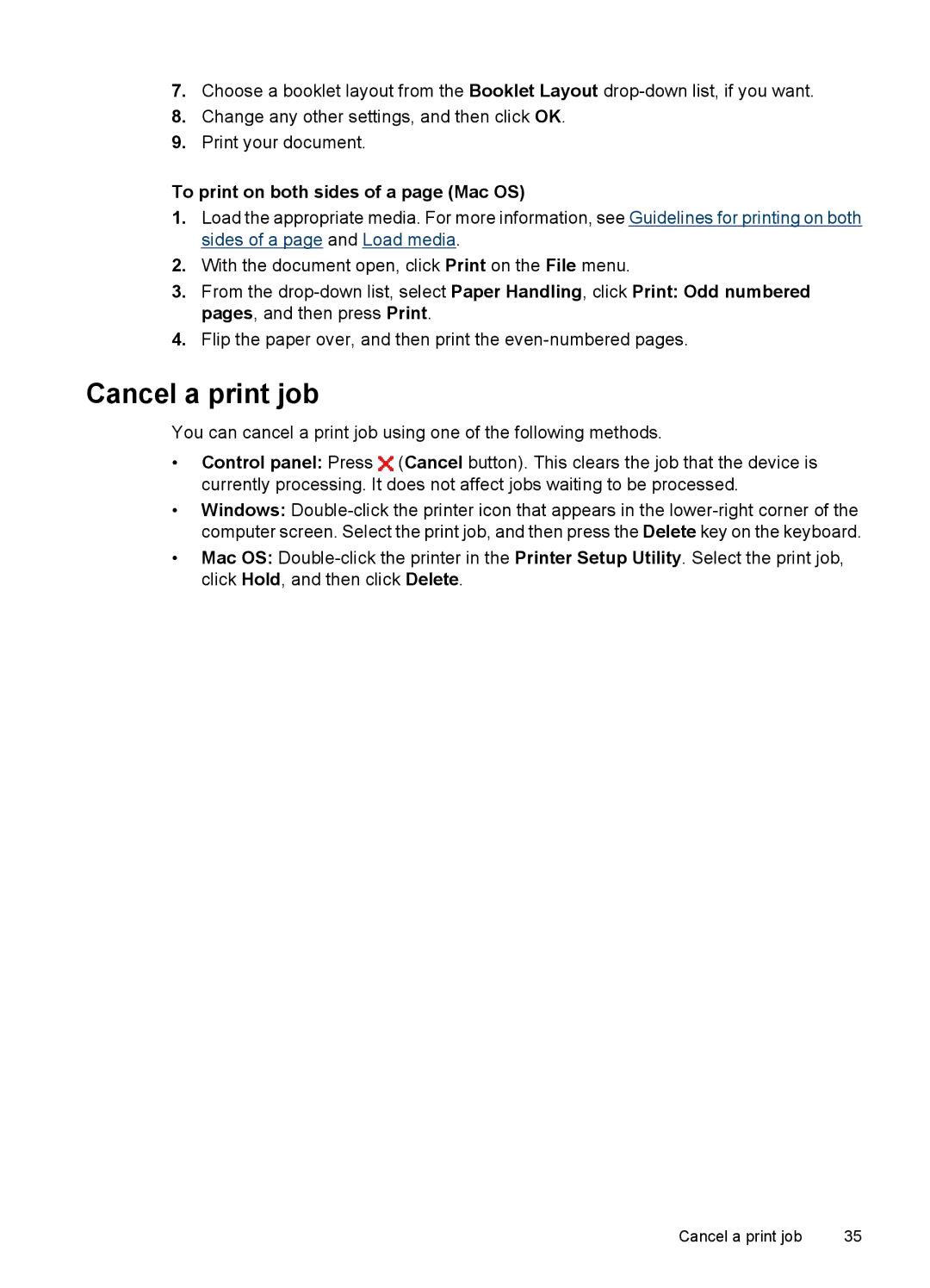 HP J3680, J3650 manual Cancel a print job, To print on both sides of a page Mac OS 