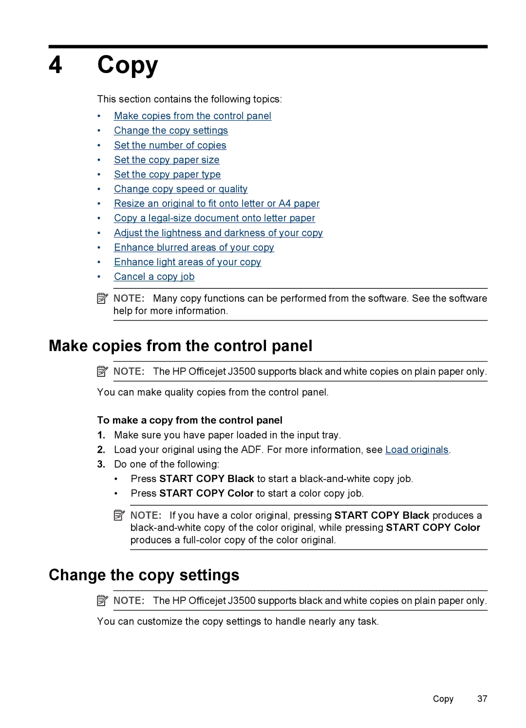 HP J3680, J3650 Copy, Make copies from the control panel, Change the copy settings, To make a copy from the control panel 