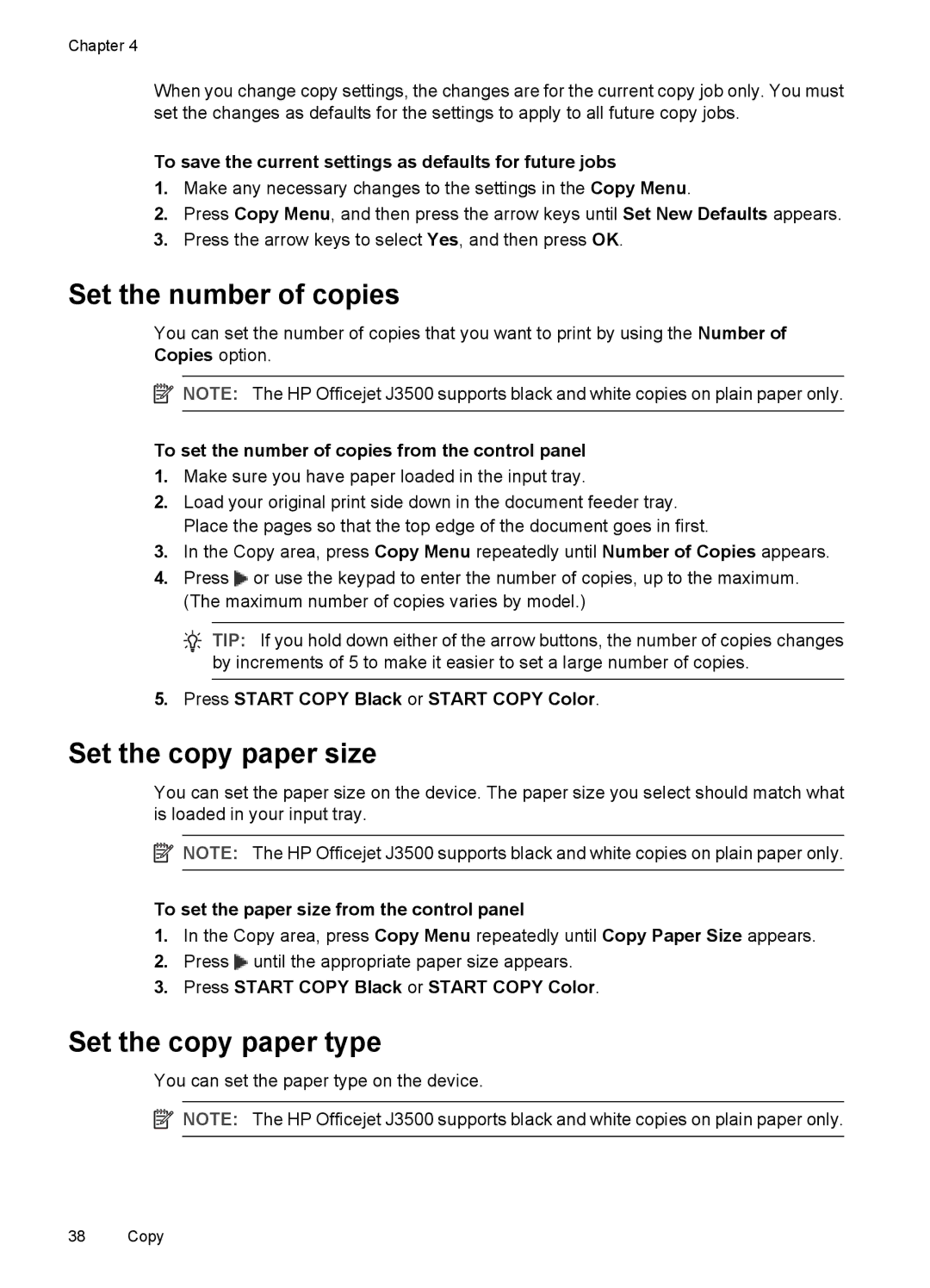 HP J3650, J3680 manual Set the number of copies, Set the copy paper size, Set the copy paper type 