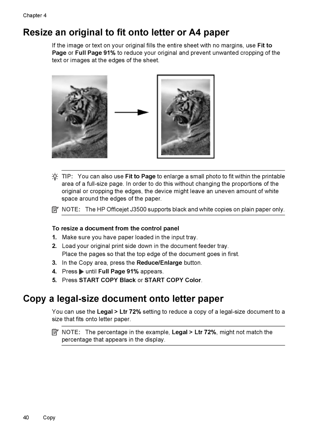 HP J3650, J3680 manual Resize an original to fit onto letter or A4 paper, Copy a legal-size document onto letter paper 