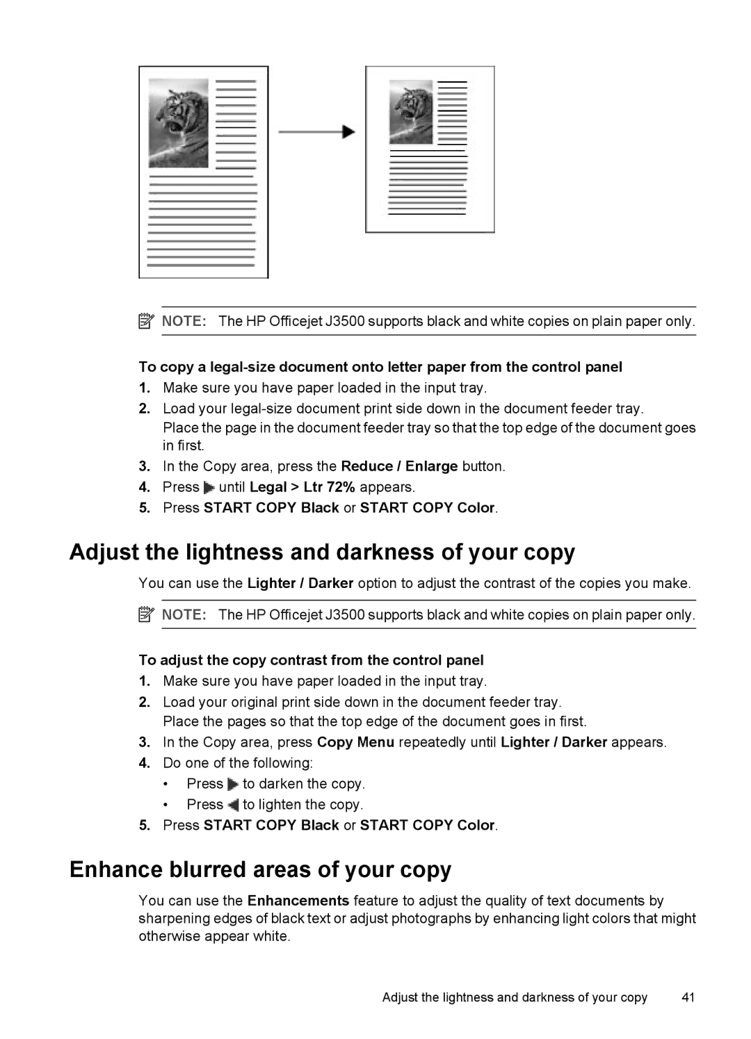 HP J3680, J3650 manual Adjust the lightness and darkness of your copy, Enhance blurred areas of your copy 