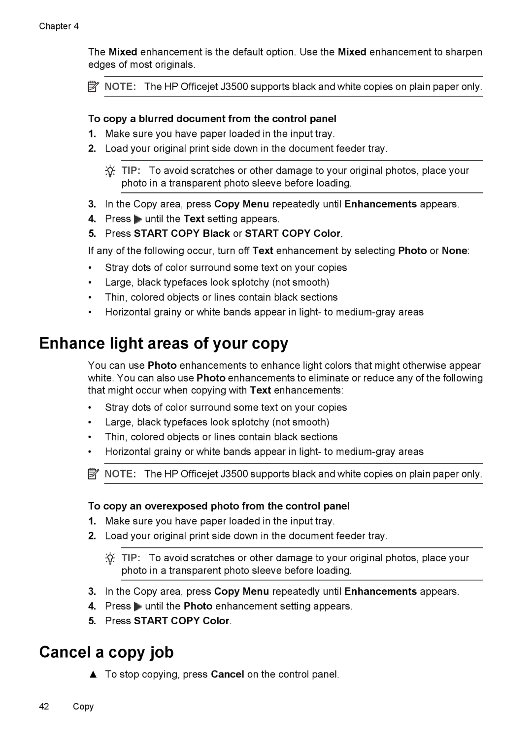 HP J3650, J3680 Enhance light areas of your copy, Cancel a copy job, To copy a blurred document from the control panel 