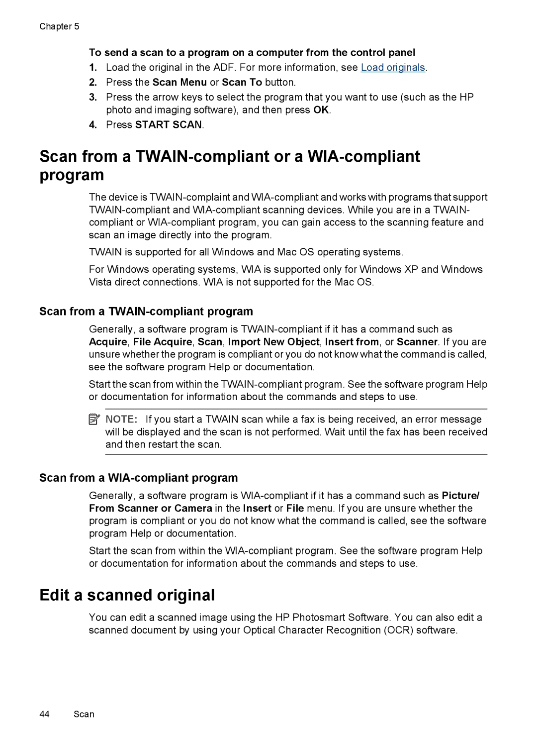 HP J3650, J3680 manual Scan from a TWAIN-compliant or a WIA-compliant program, Edit a scanned original, Press Start Scan 