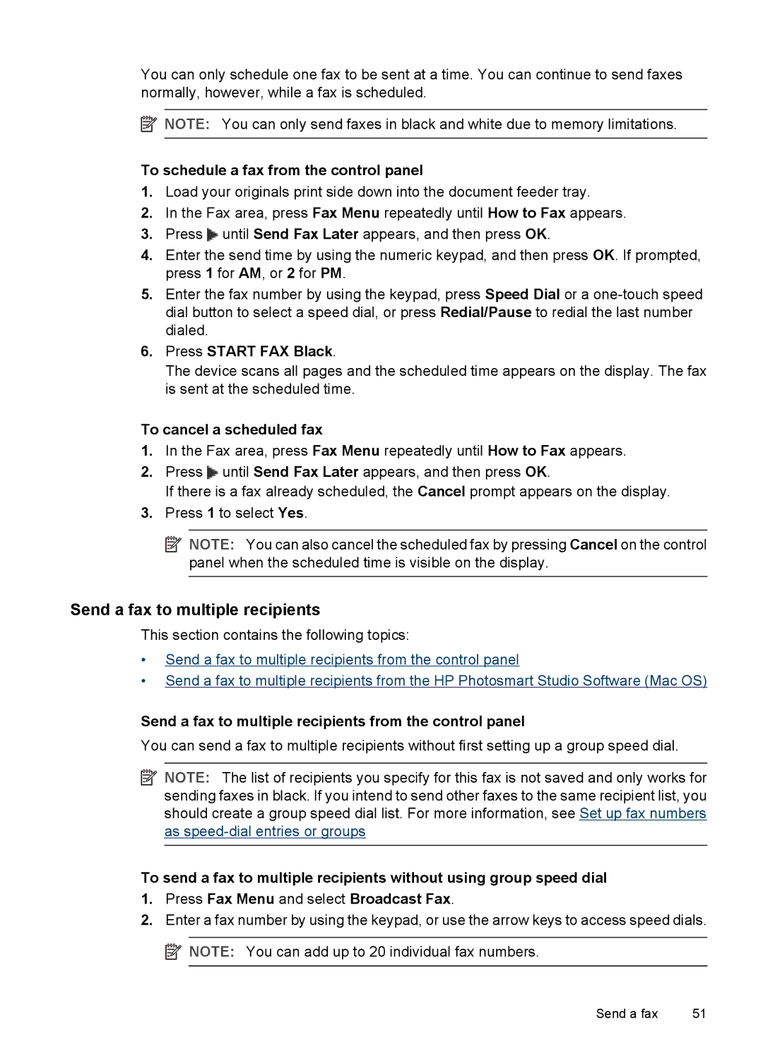 HP J3680, J3650 Send a fax to multiple recipients, To schedule a fax from the control panel, To cancel a scheduled fax 