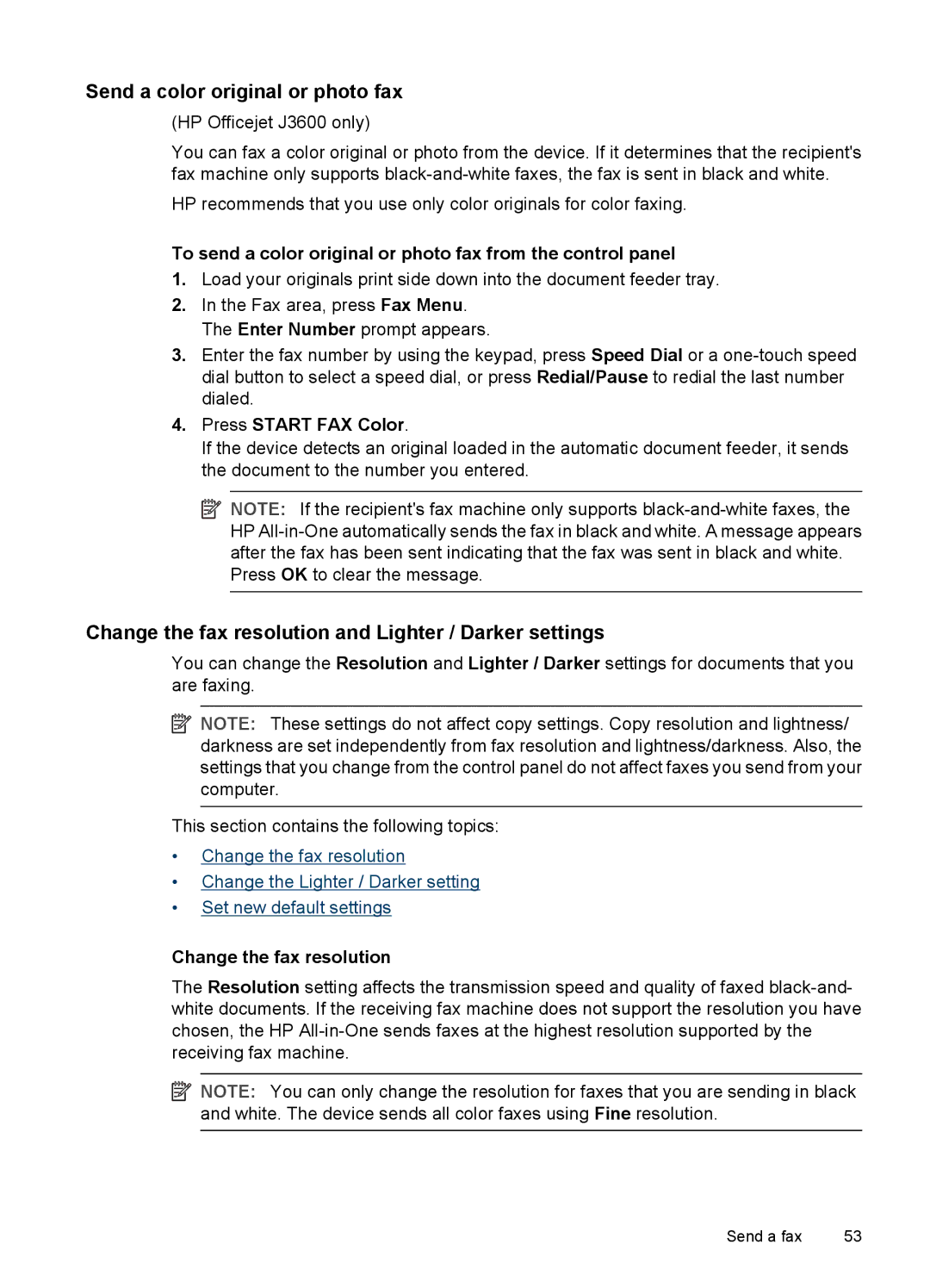 HP J3680, J3650 manual Send a color original or photo fax, Change the fax resolution and Lighter / Darker settings 