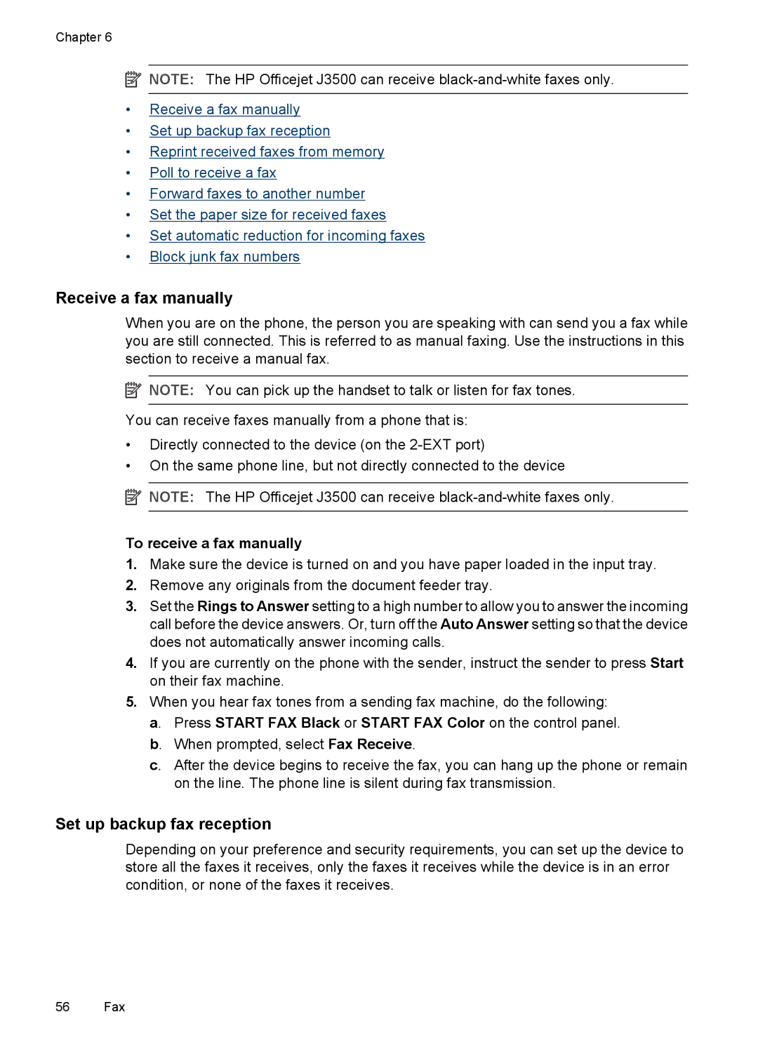 HP J3650, J3680 Receive a fax manually, Set up backup fax reception, To receive a fax manually 