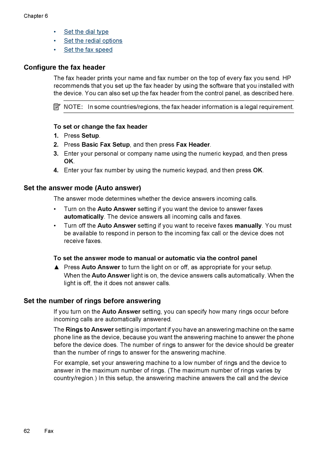 HP J3650, J3680 manual Configure the fax header, Set the answer mode Auto answer, Set the number of rings before answering 