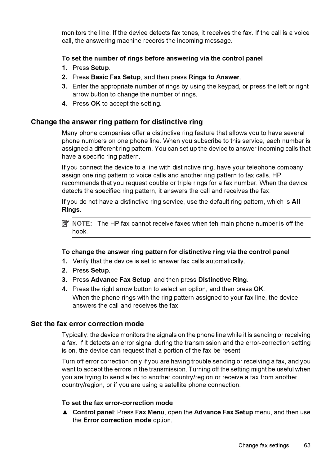 HP J3680, J3650 manual Change the answer ring pattern for distinctive ring, Set the fax error correction mode 