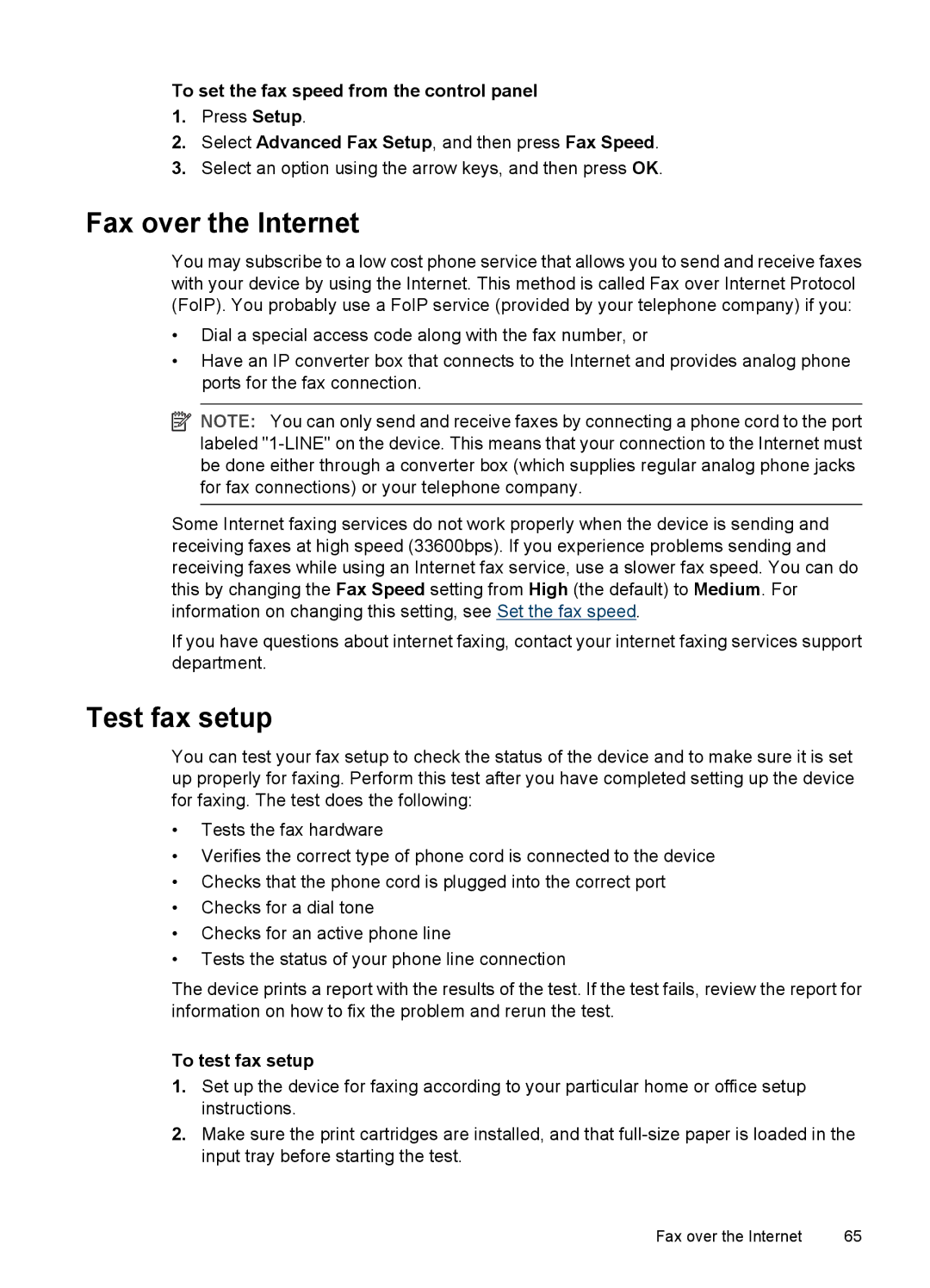 HP J3680, J3650 manual Fax over the Internet, Test fax setup, To set the fax speed from the control panel, To test fax setup 