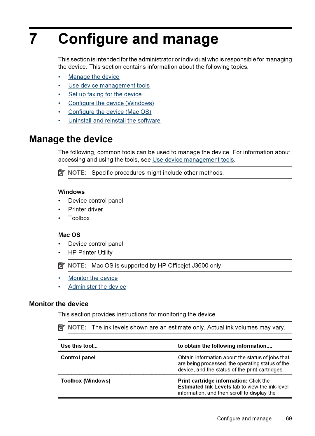 HP J3680, J3650 manual Configure and manage, Manage the device, Monitor the device, Windows, Mac OS 