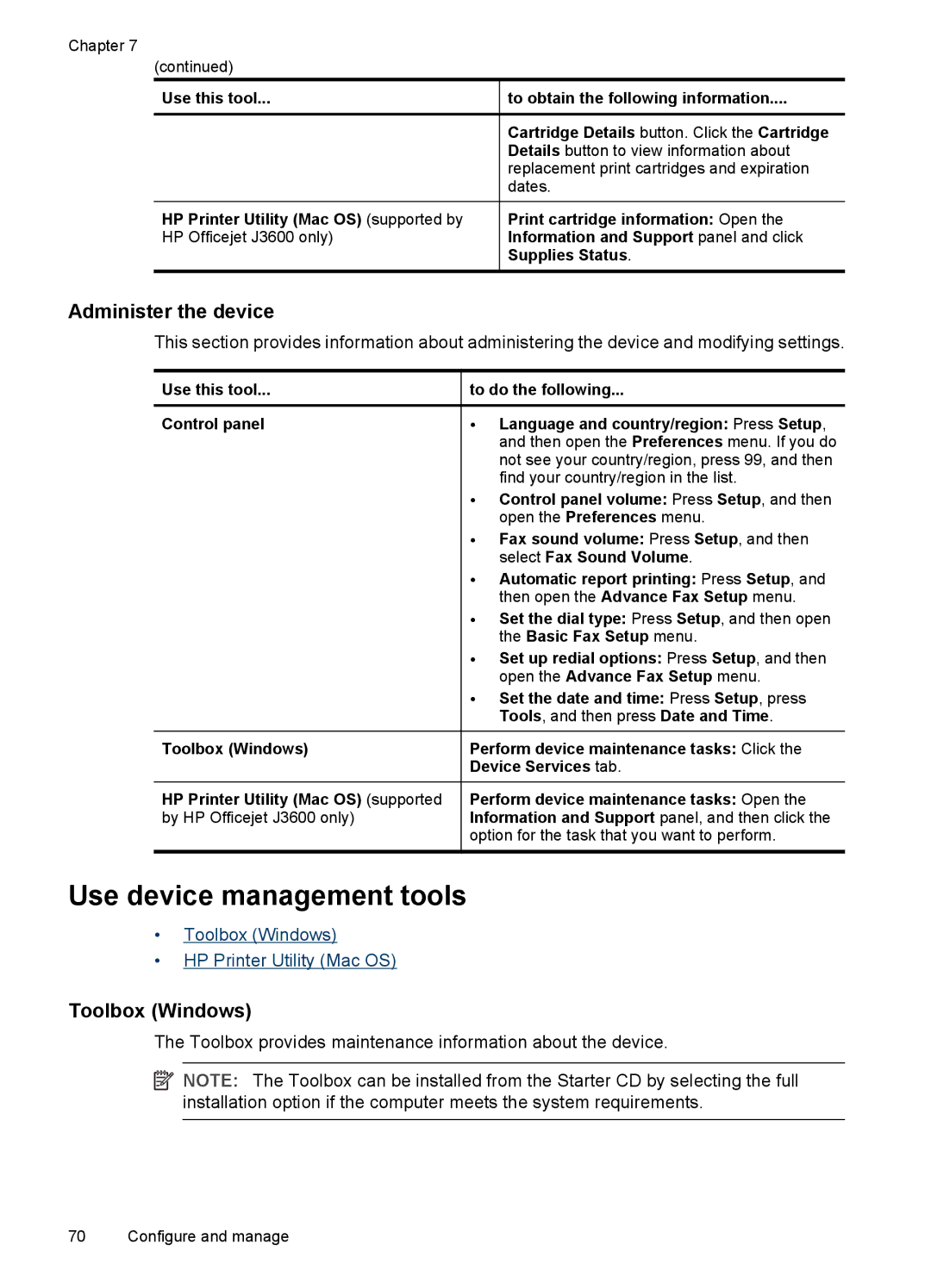 HP J3650, J3680 manual Use device management tools, Administer the device, Toolbox Windows 