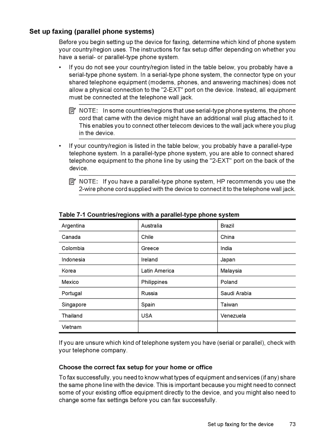 HP J3680, J3650 manual Set up faxing parallel phone systems, Countries/regions with a parallel-type phone system 