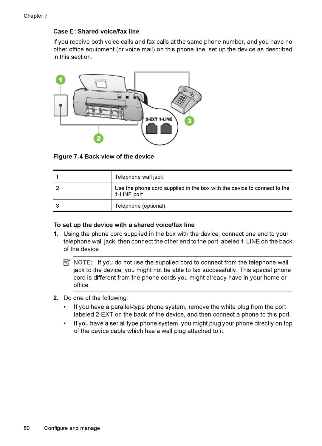 HP J3650, J3680 manual Case E Shared voice/fax line, To set up the device with a shared voice/fax line 