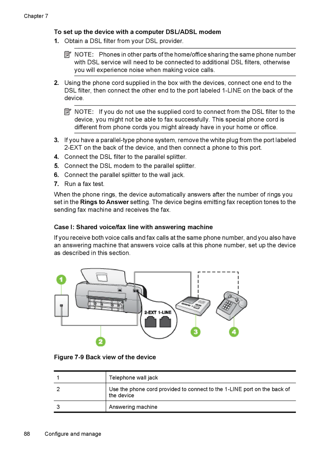 HP J3650, J3680 manual Case I Shared voice/fax line with answering machine, Back view of the device 