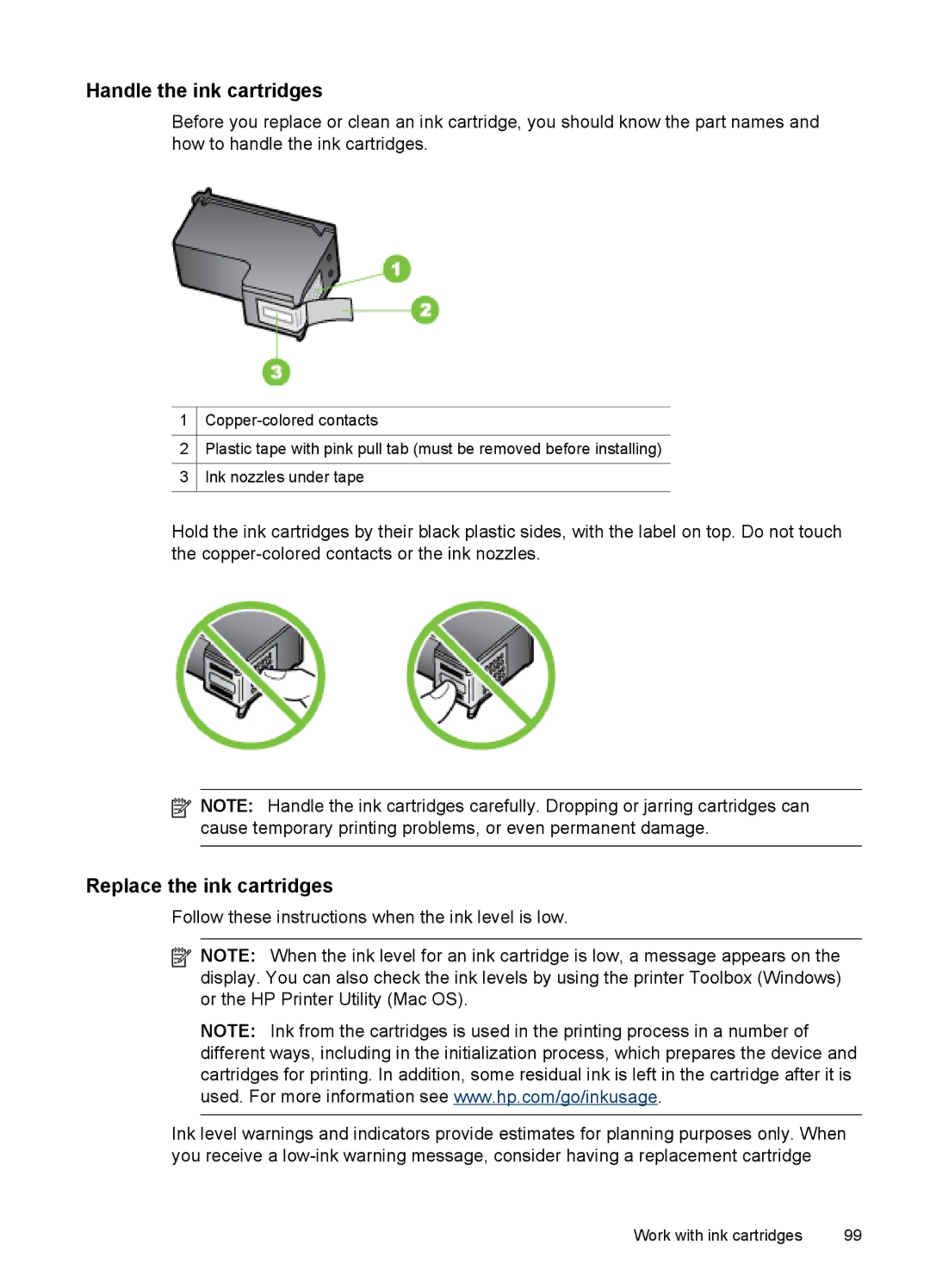 HP J4500, J4580 manual Handle the ink cartridges, Replace the ink cartridges 